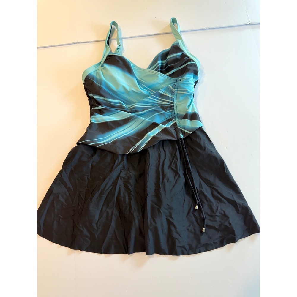 Turquoise Blue Abstract Print Ruched Swimdress One Piece Swimsuit Large